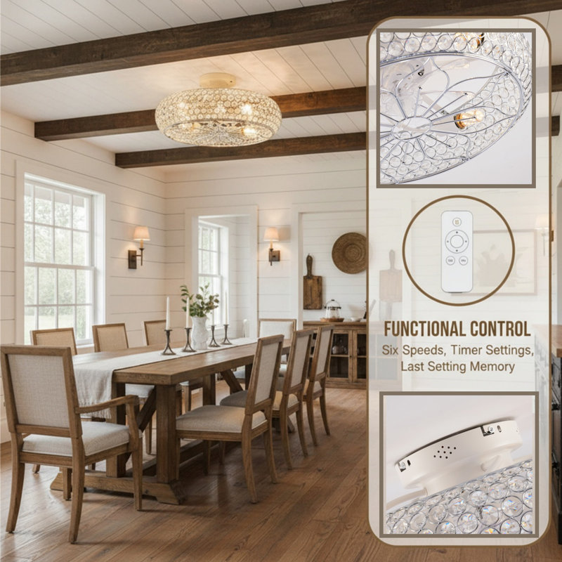 Crystal Ceiling Fan Light With Remote Control, 6-speed Adjustable Dc Motor Reversible Ceiling Fan, Bulb Not Included