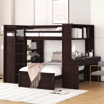 Lit mezzanine multifonctionnel avec lit autonome, tablettes, bureau et garde-robe pour un espace de vie confortable et peu encombrant