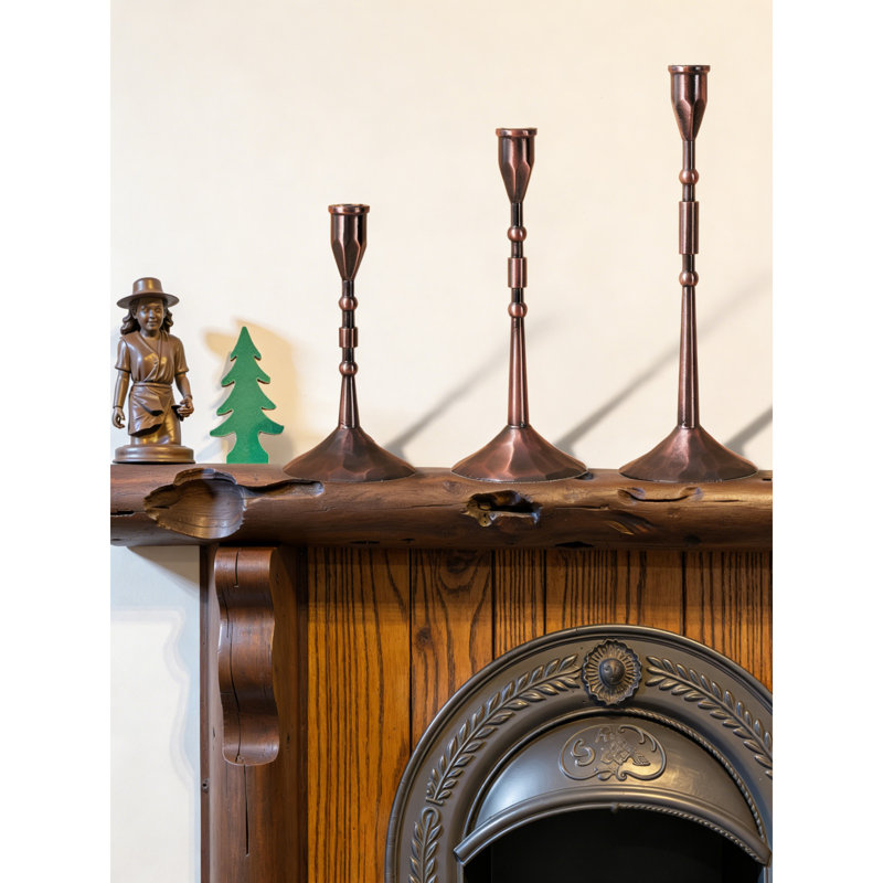 Vintage Taper Candle Holders, Set Of 3 For Table Centerpiece And Farmhouse Decor, Brown/Red