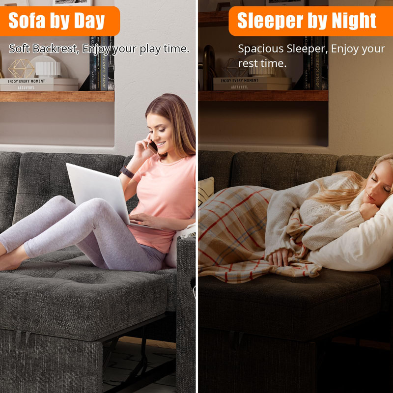 Canapé-lit modulaire en L en velours avec méridienne de rangement, ports de chargement USB-A et USB-C, porte-gobelets et lit escamotable pour le salon, gris foncé