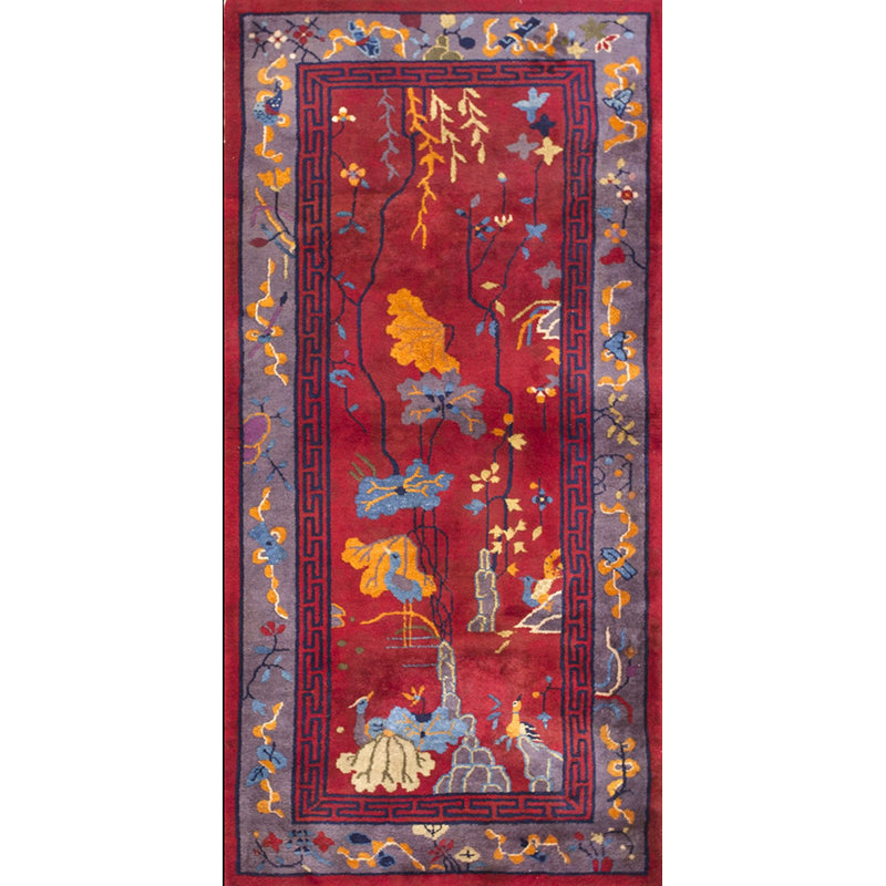 Small Scatter Size Chinese - Art Deco Knotted 1920s Antique Coral Wool Rectangle Rug