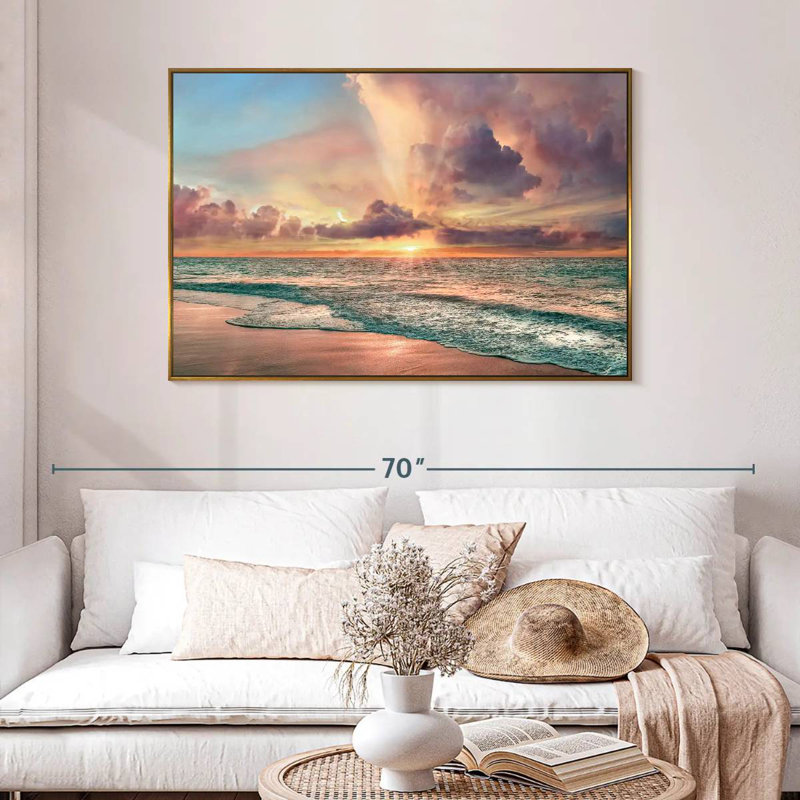 Plage de cuivre, 46 po x 31 po, Cadre flottant doré
