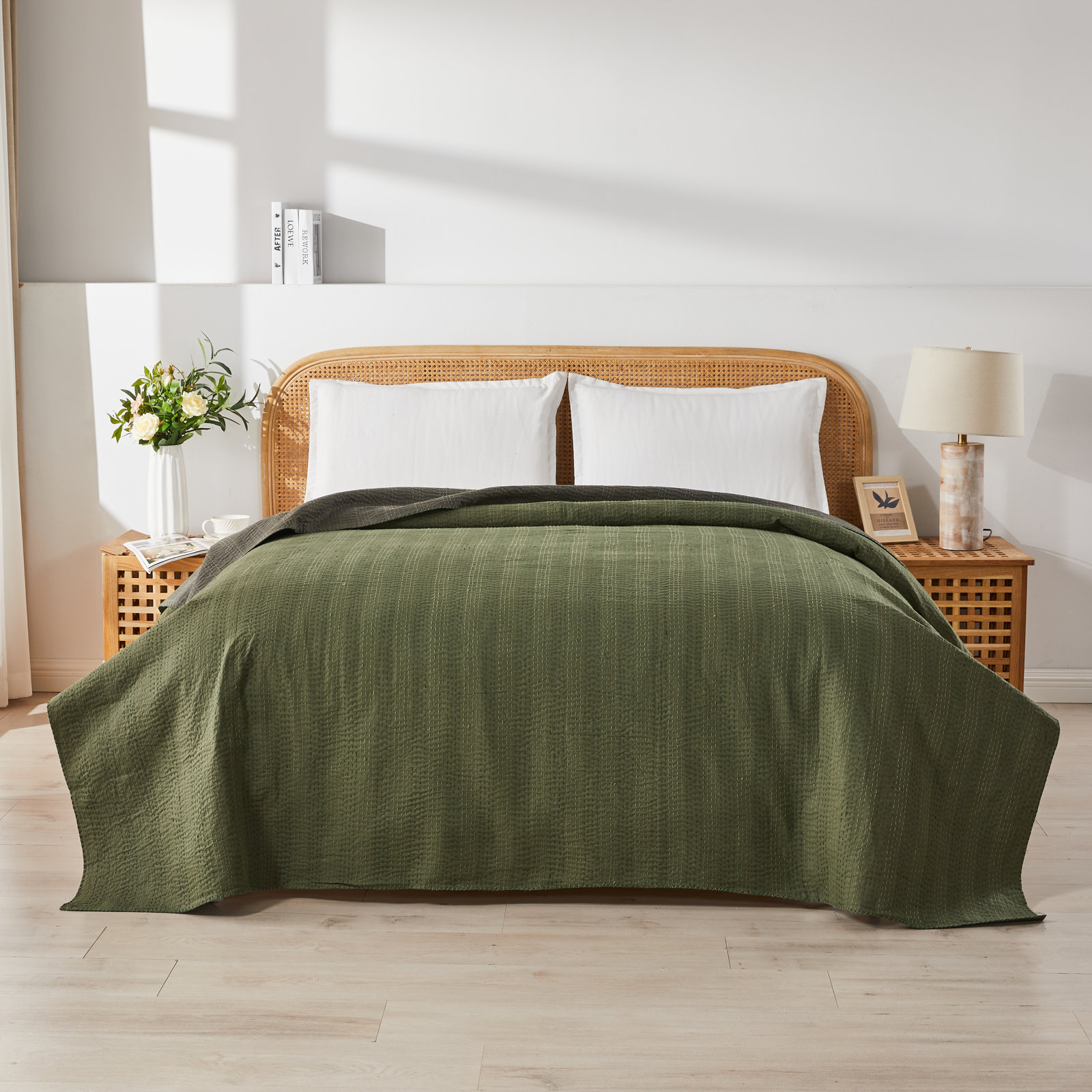 Soild Kantha Cotton Coverlet Set, Queen Coverlet, Green