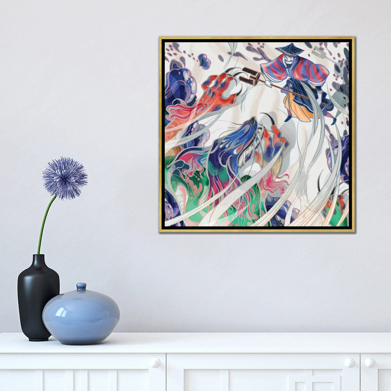 " Water Beast " by Sija Hong, No Mat, 18" H x 18" W x 1.5" D, Gold Framed Canvas