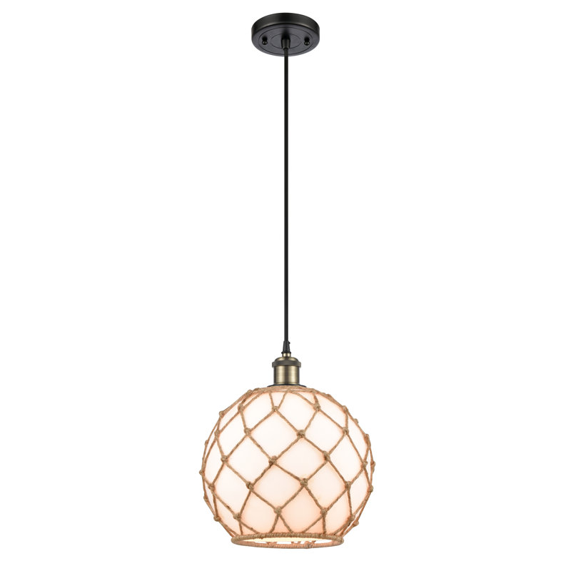 Luminaire suspendu en forme de globe à 1 lumière avec accents en corde Tobey, Blanc / Brun, H 13 po x l 10 po x P 10 po