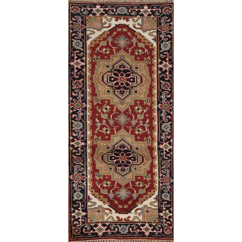 Tapis rouge en laine noué à la main à motif géométrique 2 pi 8 po x 6 pi 1 po