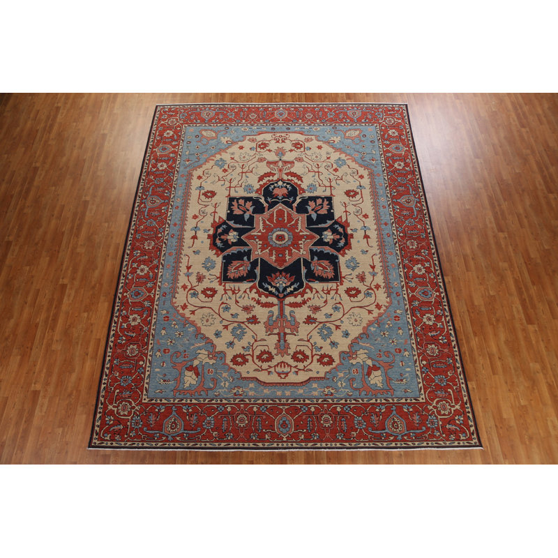Tapis oriental unique en laine à motif floral Heriz Serapi noué à la main 9 pi 9 po x 13 pi