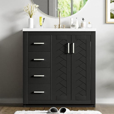 30'' Bathroom Vanity With Ceramic Sink Combo,Solid Wood Frame Bathroom Storage Cabinet, Freestanding Vanity Set With 3 Drawers& Soft Closing Doors