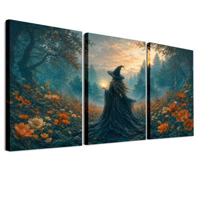 Magicien femme tenant un globe lumineux dans un ensemble d'Halloween de 3 toiles
