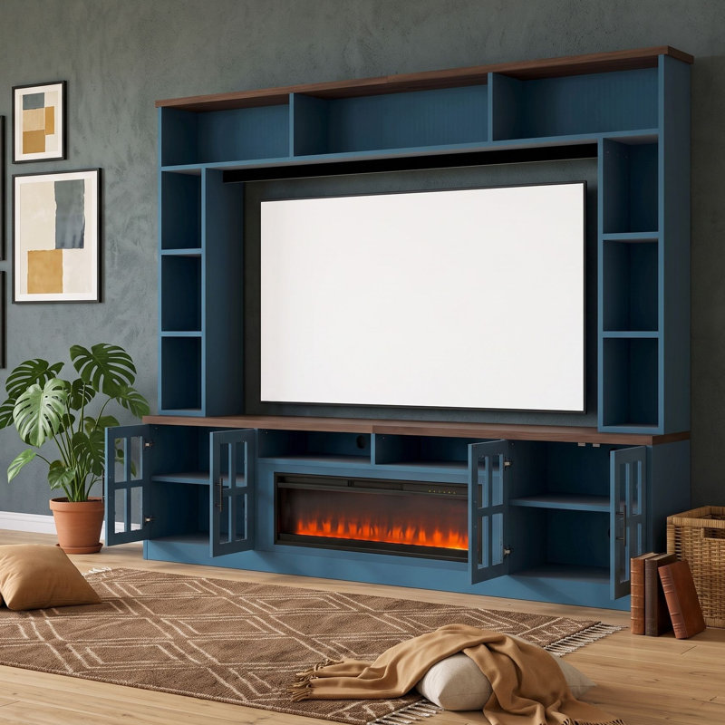 Meuble audio-vidéo mural pour téléviseur de 80 po ou moins avec foyer électrique, portes en verre trempé et tablettes réglables
