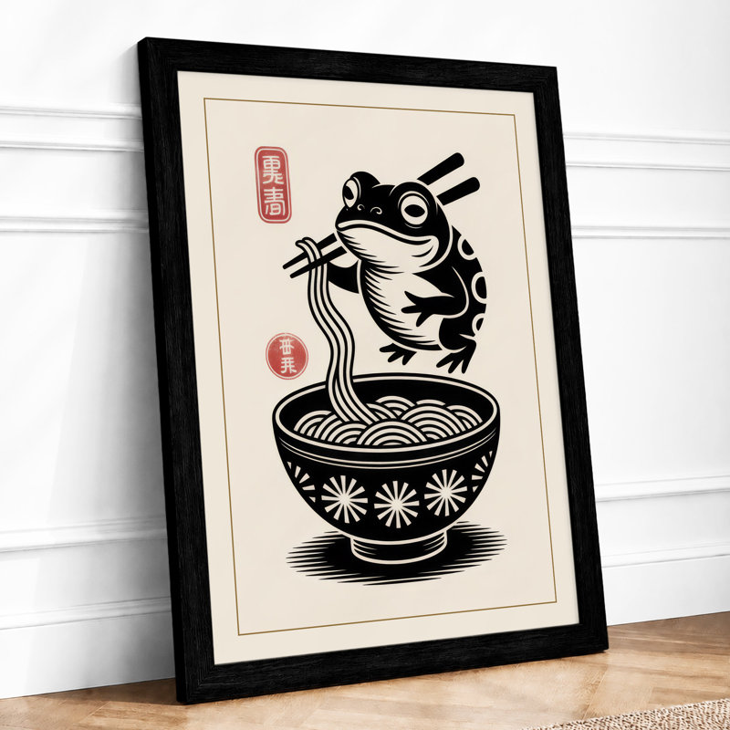Frog With Noodles Japandi - Print, Black, A4 - 29.7 x 21.0 cm