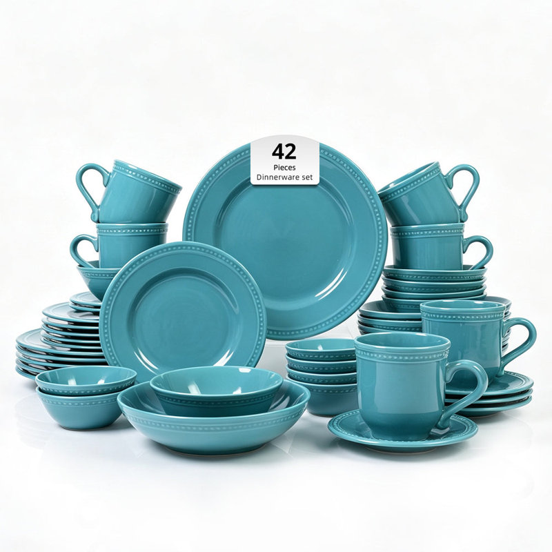 Service de table de 42 pièces en grès à pois nacrés, pour 6 personnes, Turquoise