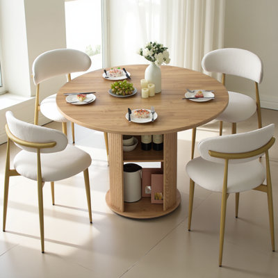 47.24" Round Dining Table (serves 2–4) With Two Dining Chairs Blends Modern And Farmhouse Styles, Featuring A Double-tiered Storage Shelf, Suitable For Dining Rooms Or Living Spaces.natural