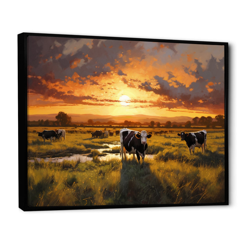 «Ahuli Cows At Farm Landscape I», reproduction rectangulaire sur toile, H 12 po x l 20 po x P 1 po, Cadre flottant noir