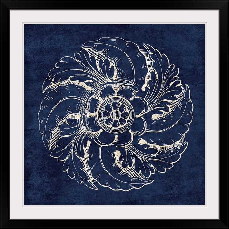 «Rosette IV», reproduction d'impression en indigo, H 20" x l 20" x P 1", Cadre noir