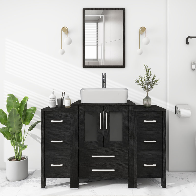 Meuble-lavabo simple autoportant avec lavabo vasque Sharee, plateau en bois manufacturé, 2 armoires latérales Sharee, Noir