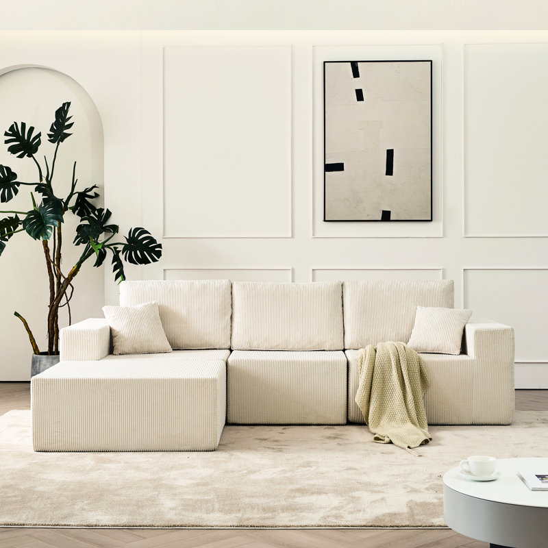 Canapé modulaire de luxe 3 places beige de 110 po avec velours côtelé, sans installation, convient pour un canapé en forme de L et 2 coussins, relaxant