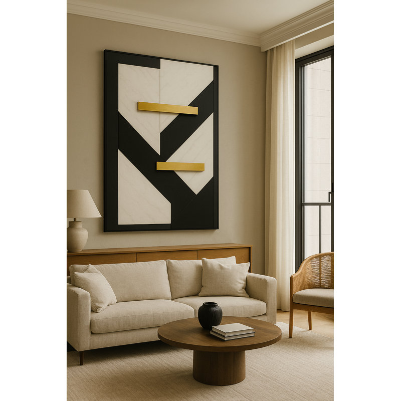 Modern Geometric Luxury Art Framed Canvas Wall Art by Kasian Art Studio - Brown Frame, Black