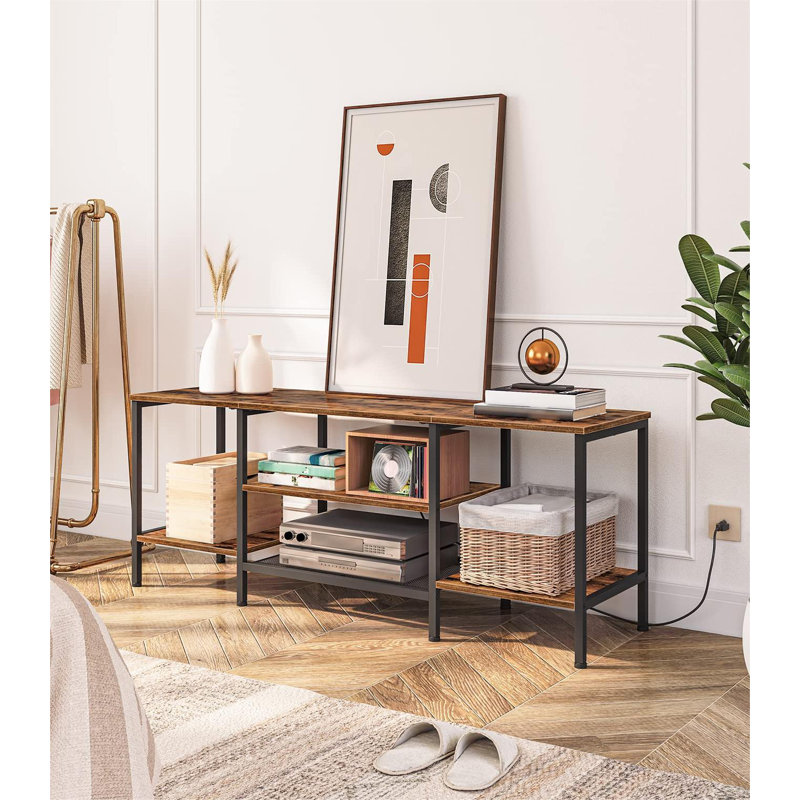 TV Stand With Power Outlets To 55 Inches, TV Console Table With Open Storage Shelves,Rustic Brown + Black