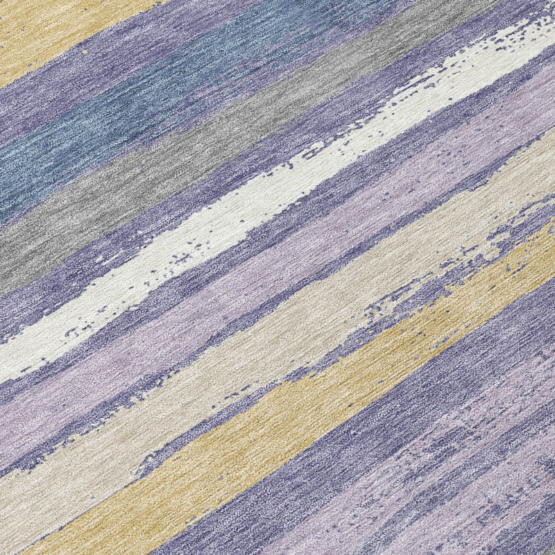 Purple and Beige Striped Synthetic Washable Rug