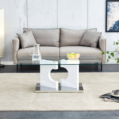  Rectangular Coffee Table with Glass Top and White MDF Legs, Stylish Modern Table for Living Room, White
