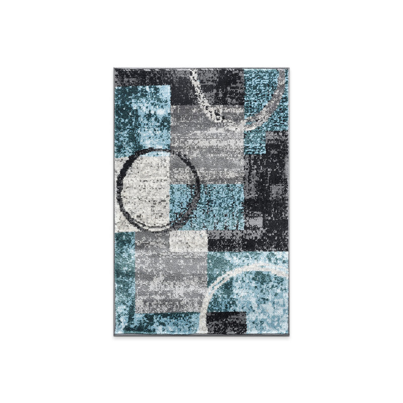 Fanton Modern Abstract Performance Gray/Ivory/Blue Area Rug, Rectangle 2'7" x 4', Blue/Gray
