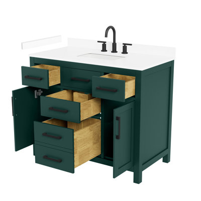 Meuble-lavabo simple de 42 po Beckett en vert, comptoir en marbre de culture blanc, lavabo carré encastré (3 trous), garniture noir mat