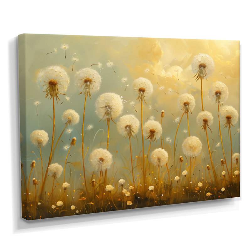 «Beige Blue Spring Dandelion Collage II», art mural pissenlit, Toile tendue, H 24 po x l 32 po x P 1 po
