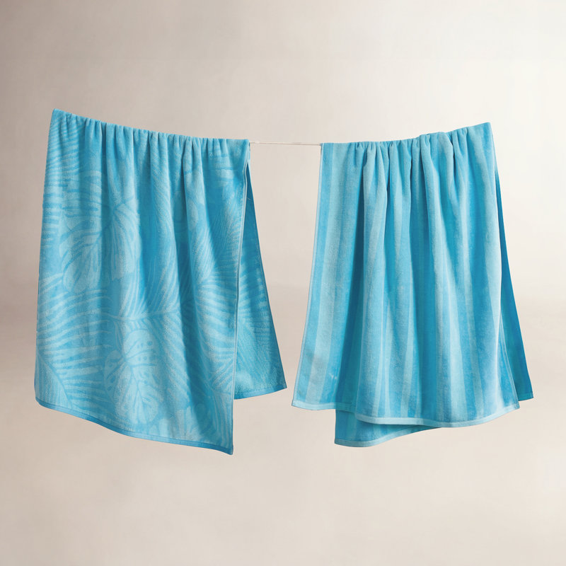 Serviettes de plage 100% jacquard 100% coton, Turquoise / feuille de palmier et rayures bleu sar