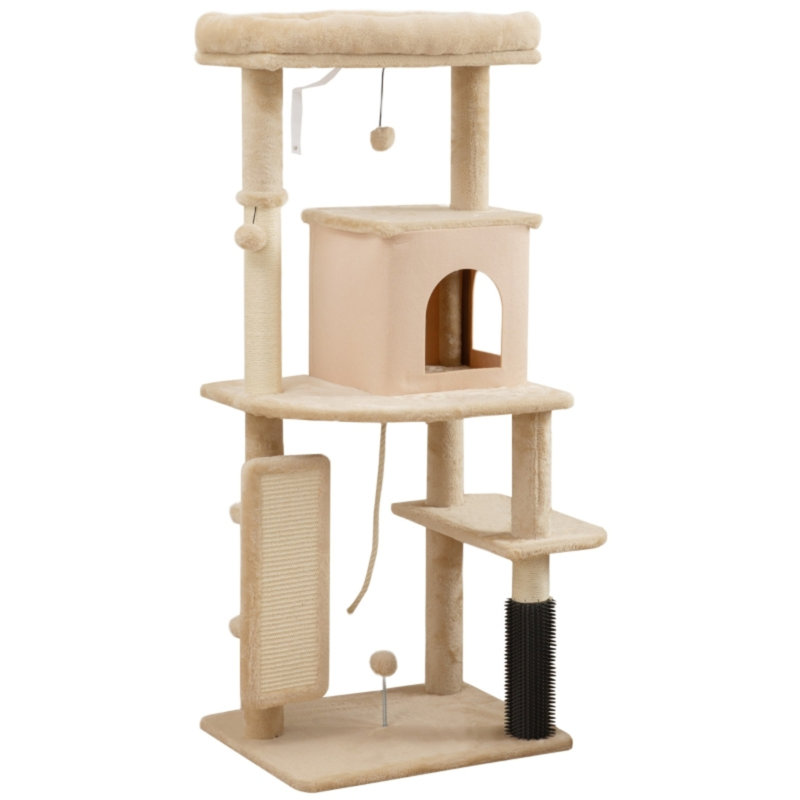 132cm Cat Tree Activity Centre with Scratching Posts, Pad, Cat Bed, Cat House, Platforms, Grooming Brush & Anti鈥慣ip Kit, Beige