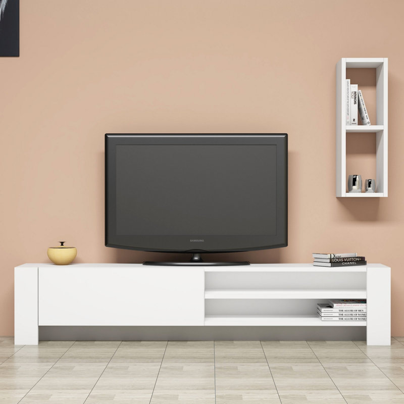 Modern White TV Unit & Wall Shelf Set, 63.0 x 13.0 x 10.6 inches | 100% Melamine Coated Particle Board, Thickness: 0.7 inches | Multiple Shelves for Extra Storage | Wall-Mountable, Stylish & Functional Design