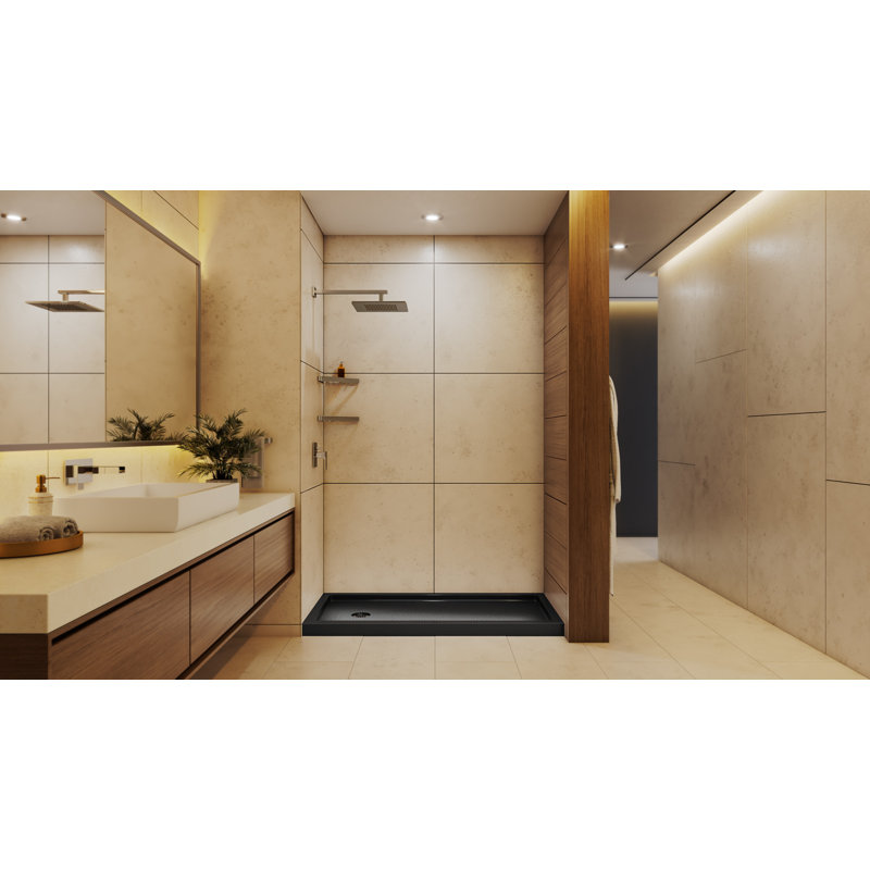 DreamLine SlimLine 30 inch D x 60 inch W x 2 3/4 inch H Single Threshold Black Alcove Shower Base with 2 inch Polished Nickel Left Round Drain