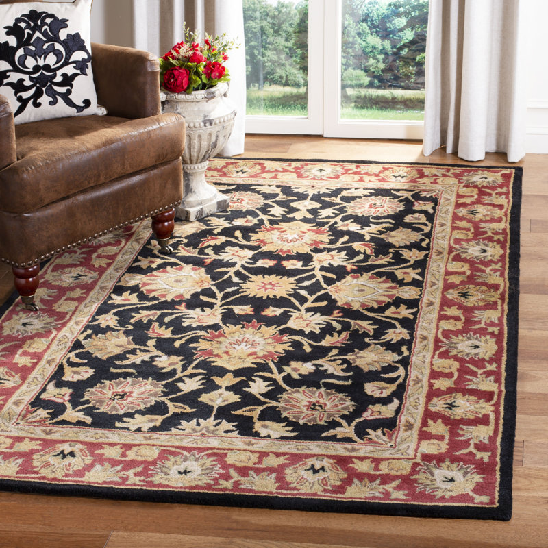 Tapis oriental en laine / coton / latex touffeté à la main Balthrop en noir / orange, Rectangle 6 pi x 9 pi