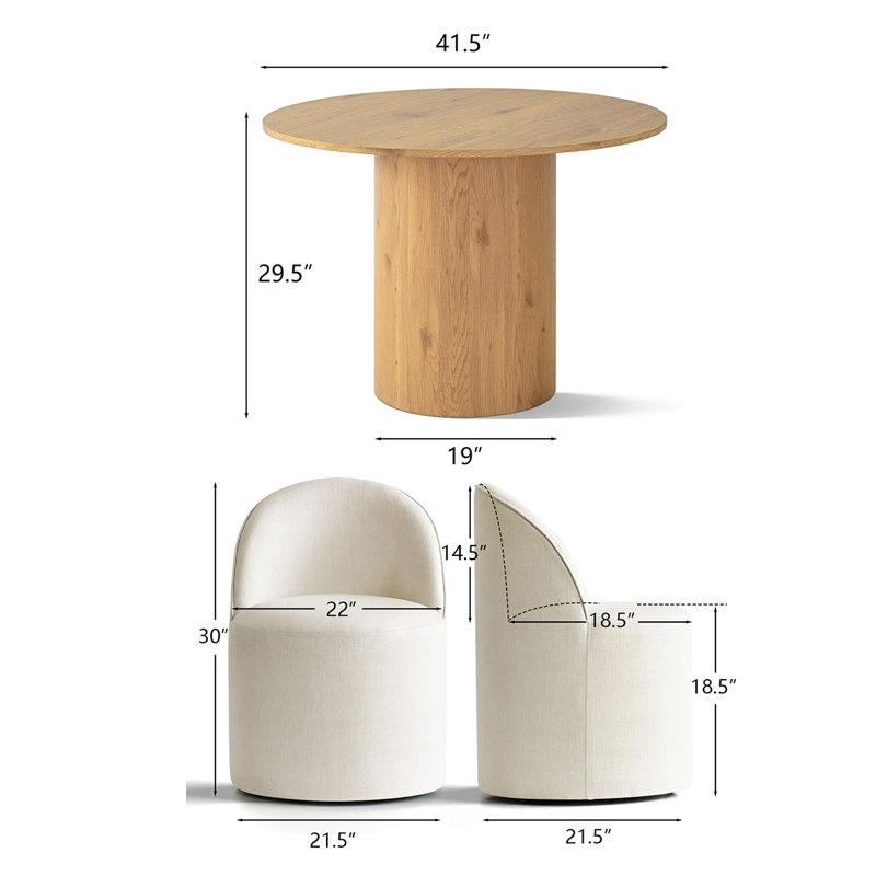 4 - Person Dining Table Sets With Round Table & 4 Upholstered Rolling Chairs, Natural, White