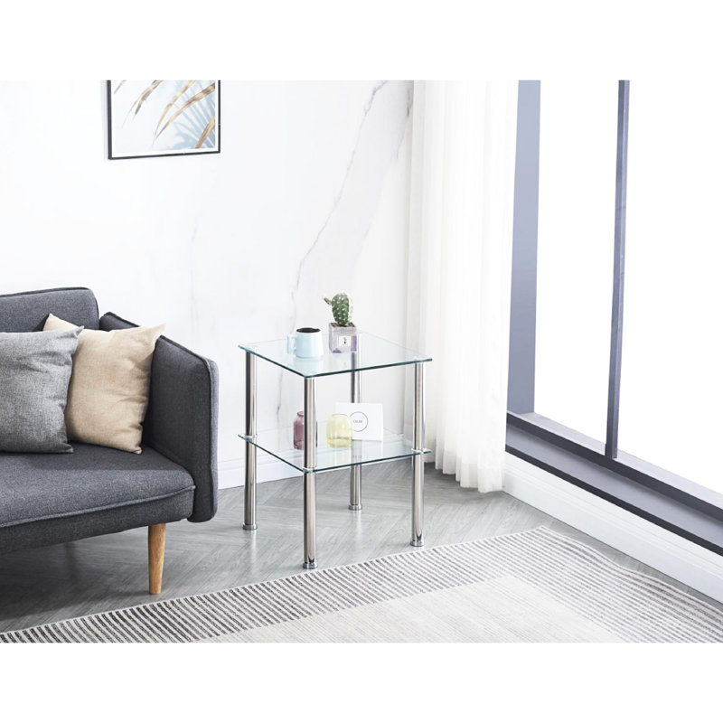 Table de chevet et table d'appoint à 2 niveaux pour petits espaces, pièce avec tablette de rangement, plateau en verre trempé de 8 mm, tablette de 6 mm, forme carrée, bureau de chambre à coucher à assemblage facile, support moderne, double couche