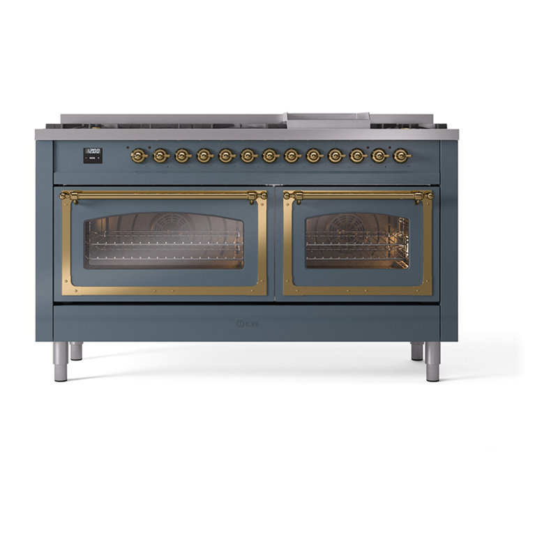ILVE Nostalgie II Noblesse 60 po à deux brûleurs, 9 brûleurs, plaque chauffante, Gris-bleu / laiton, Propane liquide