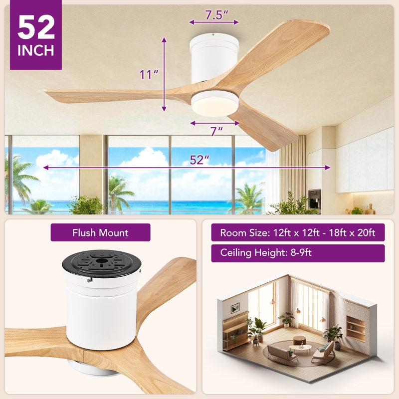 52" Smart Flush Mount Ceiling Fan with Light, 3CCT, Reversible Motor, Remote Control, APP&Voice Control, and Solid Wood Blades