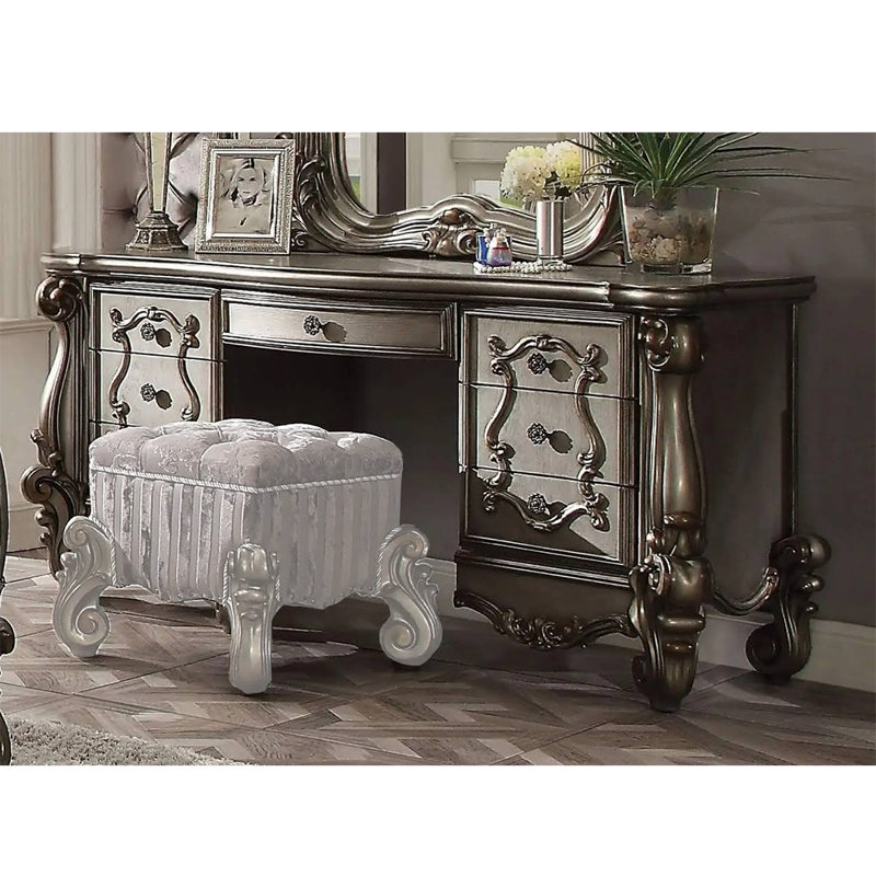 7 Drawers Wooden Vanity Desk With Metal Handle In Antique Platinum, Antique Platinum