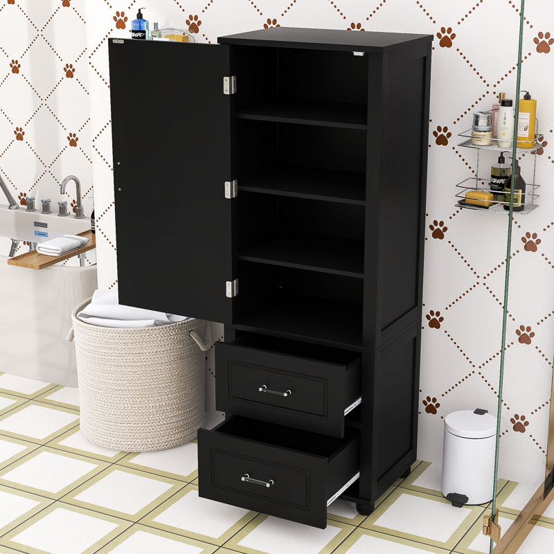 Armoire de salle de bain autoportante avec 2 tiroirs et armoire de rangement Strawn, Noir mat