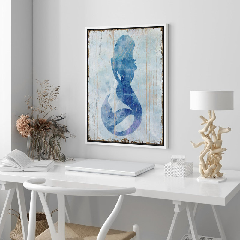 Silhouette de sirène bleue sur panneaux de bois, fantaisie et science-fiction, océan, illustrations, art moderne, rustique