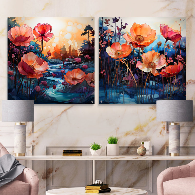 Floral, encre à l'alcool, paysage - Abstrait paysages, art mural acrylique, ensemble de 2 verres, H 16 po x l 33 po