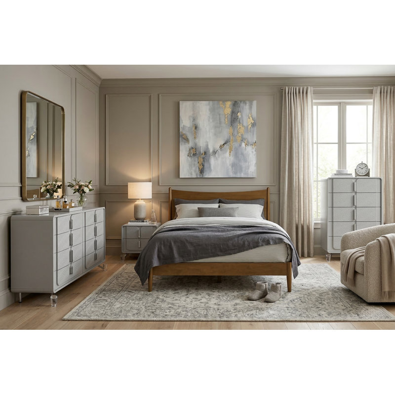 Sandara Modern Solid Wood Fully Assemble 3 Piece Bedroom Set, Gray/Walnut, 2 Pcs: Bed, Dresser