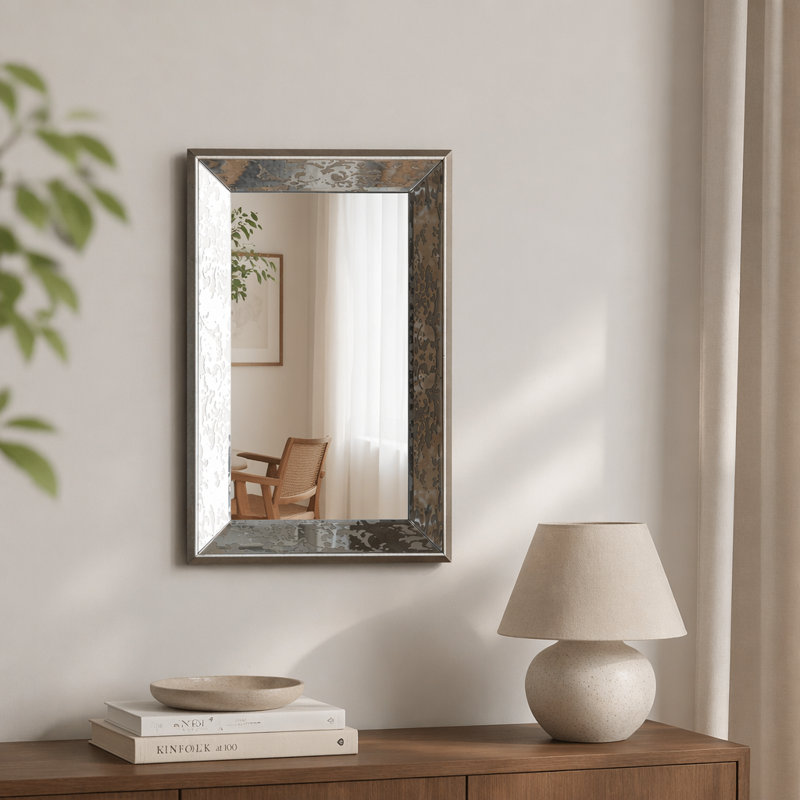Miroir antique argenté avec détails floraux, 20 po x 12 po