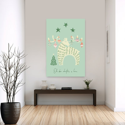 Oh Deer Christmas Whimsical Abstract Contemporary Christmas Tree Deer Winter Landscape Wall Art Print 1 Piece Wrapped Canvas Wall Art