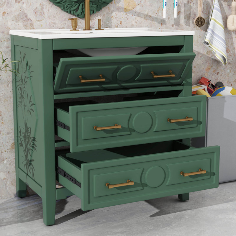 Armoire de rangement de salle de bain 30 po avec cadre en bois durable et 3 tiroirs, Vert, Doré