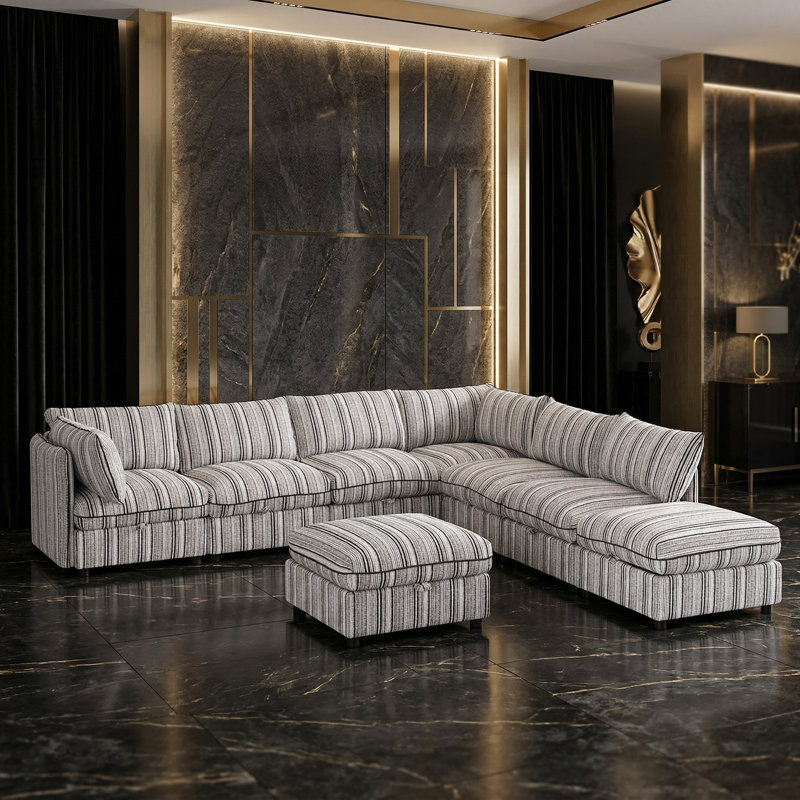 Modular Sectional Sofa with Hidden Storage and Removable Covers, Blue and White Stripes, 4