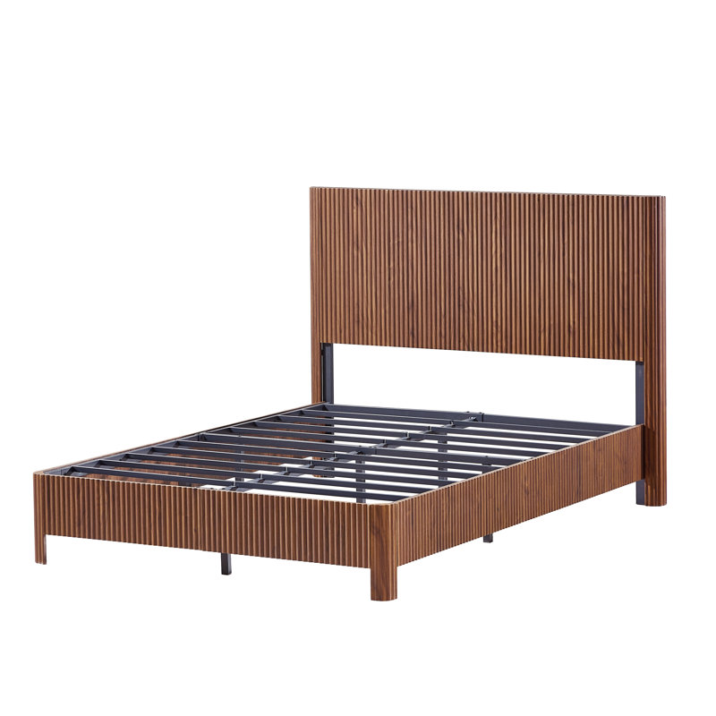Full Size Wooden corrugated curved lines,No Box Spring Needed, Walnut, Full