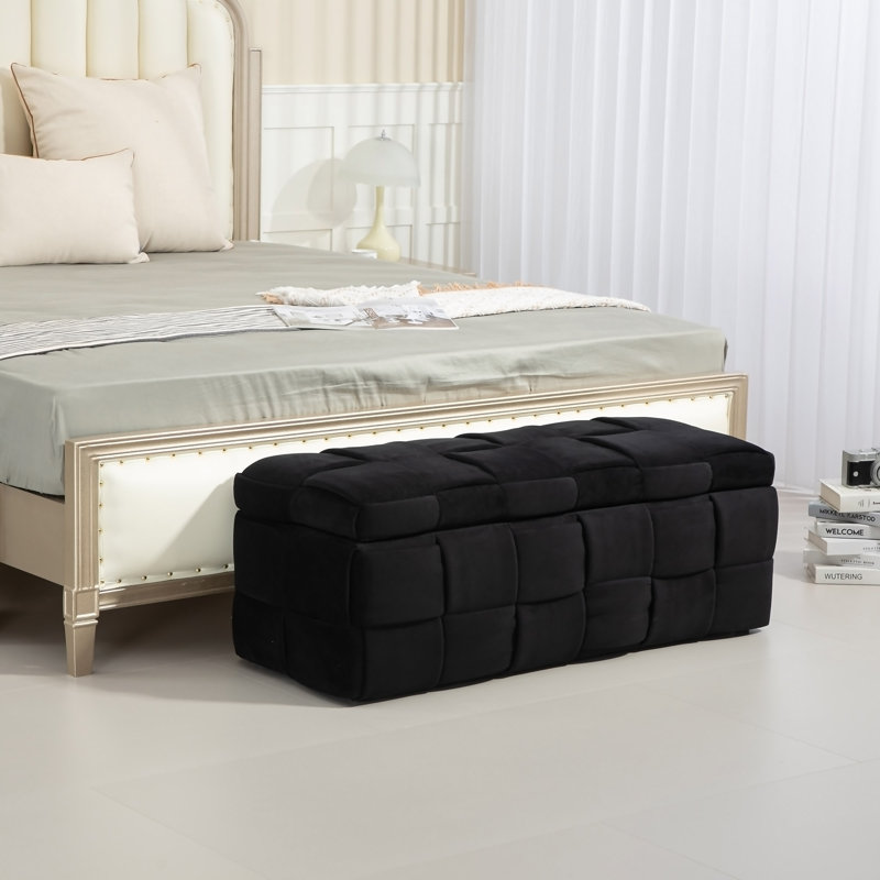Pransh Velvet Upholstered Storage Bench, Black