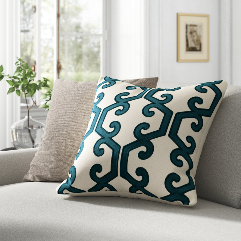 Appliqued Cotton Outdoor Throw Pillow, Cerulean
