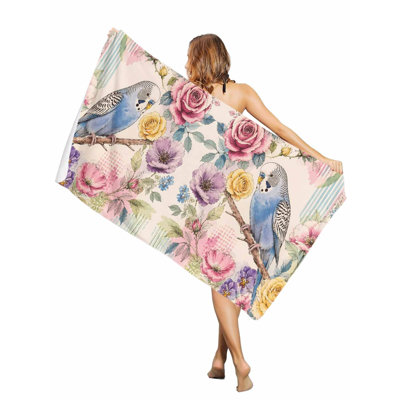 Retro Blue Budgerigar Beach Towel Oversized Pool Towels,Quick Dry Absorbent Large Beach Blanket Soft Sand Free Bath Towel , 60 x 80 inAnd a canvas bag with the same printed beach towel will be given as a gift